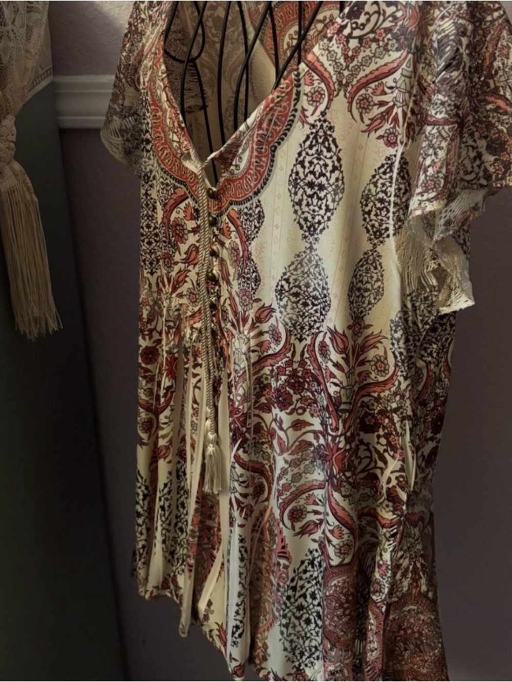 Women’s Boho Cream and Rust Flowy Paisley Short Sleeve Tunic Size Large